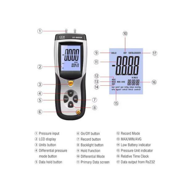 CEM DT-8890 เครื่องวัดความดันอากาศ Differential Pressure Manometer